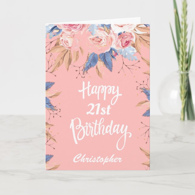 21:a födelsedag Vattenfärgad botanisk Rosa Blommig Kort (Framsida)