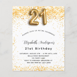 21:a födelsedag, vit guld glitter budgetinbjudan flygblad