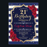 21:a födelsedag - Vit Rand och Röd ros i flottan Inbjudningar<br><div class="desc">21:a födelsedagsinbjudan: Elegant marinvit röd design med faux glitter. Tunga och vitt rand med röd ros. Perfekt för en snyggt födelsedagsfest.</div>