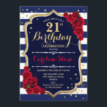 21:a födelsedag - Vit Rand och Röd ros i flottan Inbjudningar<br><div class="desc">21:a födelsedagsinbjudan: Elegant marinvit röd design med faux glitter. Tunga och vitt rand med röd ros. Perfekt för en snyggt födelsedagsfest.</div>