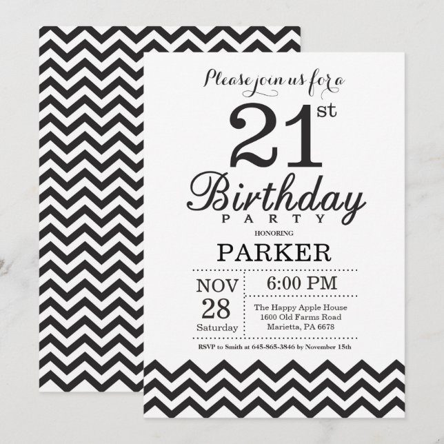 21:a födelsedagarinbjudan Black and White Chevron Inbjudningar (Fram/baksida)