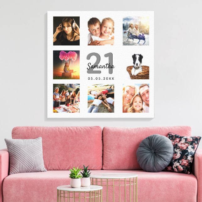 21:a födelsedagelagen, vit monogram för fotokollag canvastryck (Insitu (Vardagsrum))