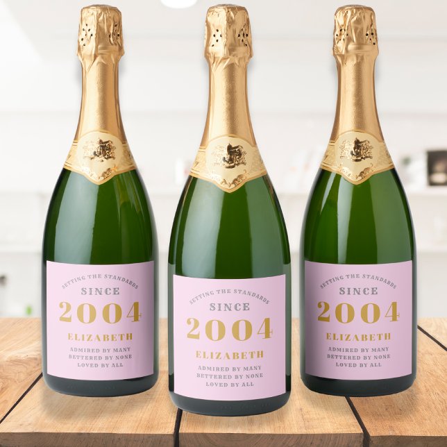 21:a födelsedagen 2004 Lägg till Namn Rosa Grått (Personalized 21st birthday pink champagne labels on bottles)