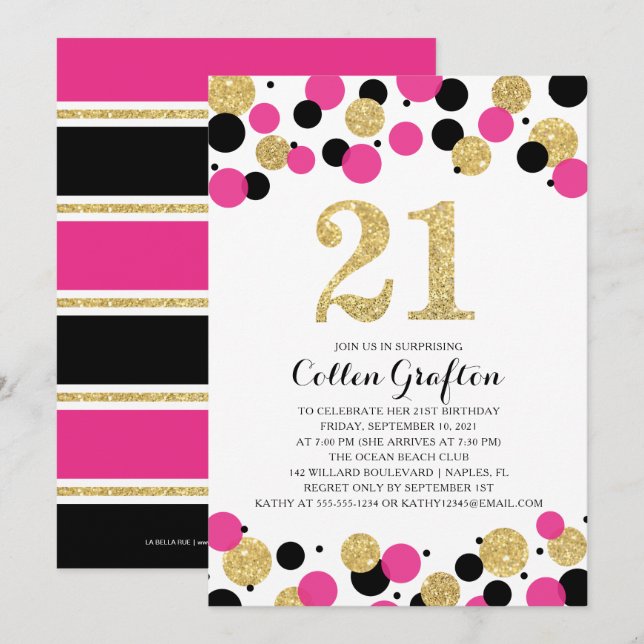 21:a födelsedagen Black Shock rosa Guld Glitter Ko Inbjudningar (Fram/baksida)