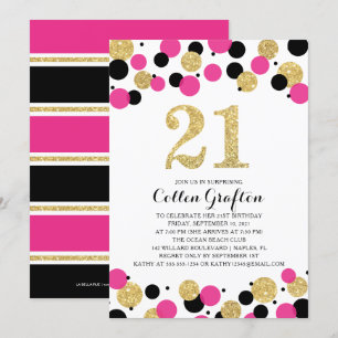 21:a födelsedagen Black Shock rosa Guld Glitter Ko Inbjudningar