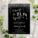 21:a födelsedagen - Cheers to 21 Years Black Silve Inbjudningar<br><div class="desc">21:a födelsedagsinbjudan. Skål för 21 år! Elegantens utformning i svartvitt och silver. Innehåller champagneglas,  typsnitt för manus och konetti glitter silver. Perfekt för en snyggt födelsedagsfest. Anpassa med dina egna detaljer. Kan anpassas för att visa vilken ålder som helst.</div>