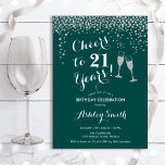 21:a födelsedagen - Cheers to 21 Years Grönt Silve Inbjudningar<br><div class="desc">21:a födelsedagsinbjudan. Skål för 21 år! Utformning av eleganten i grönten emerald,  vit och silver. Innehåller champagneglas,  typsnitt för manus och konetti glitter silver. Perfekt för en snyggt födelsedagsfest. Anpassa med dina egna detaljer. Kan anpassas för att visa vilken ålder som helst.</div>