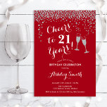 21:a födelsedagen - Cheers to 21 Years Red Silver Inbjudningar<br><div class="desc">21:a födelsedagsinbjudan. Skål för 21 år! Elegantens utformning i rött,  vitt och silver. Innehåller champagneglas,  typsnitt för manus och konetti glitter silver. Perfekt för en snyggt födelsedagsfest. Anpassa med dina egna detaljer. Kan anpassas för att visa vilken ålder som helst.</div>
