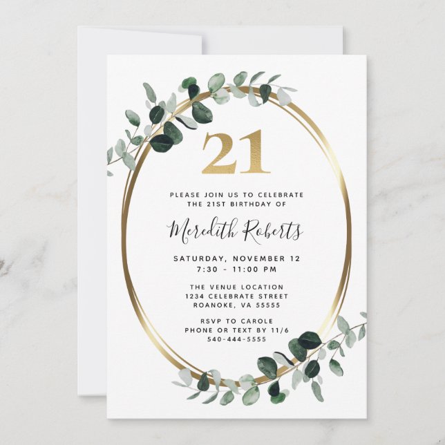 21:a födelsedagen Eucalyptus Guld Metallic Party Inbjudningar (Framsida)