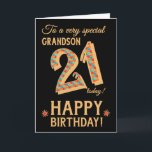 21:a födelsedagen, för Grandson, Guld Effect on Bl Kort<br><div class="desc">En chic 21: a födelsedagskortet för en mycket speciellare Grandson, med siffran 21, i en ljus mosaik mönster med guld-effekt kontur och all text i guld-effektsbokstav (dvs. inte metallisk färg). En ljus röd stjärna med guld-effekt står bredvid Grattis på födelsedagen på Judy Adamsons slående digitala design. Det inre meddelandet, som...</div>