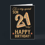 21:a födelsedagen, för Son, Guld Effect on Black Kort<br><div class="desc">Ett 21:a födelsedagskort i chic för en mycket speciell son, med siffran 21, i ett ljust mosaiskt mönster med en guld-effektkontur och all text i guld-effektsbokstäver (dvs. inte metallisk färg). En ljus röd stjärna och guld-effektstjärna står bredvid "Grattis på födelsedagen" på Judy Adamsons slående digitala design. Det inre budskapet, som...</div>