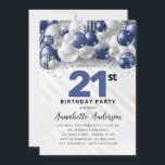 21:a födelsedagen Glitter i Ballon Silver, blå Inbjudningar<br><div class="desc">Modern Glam Navy Blue Silver Balloon Glitter Gnistra vid alla åldrar</div>