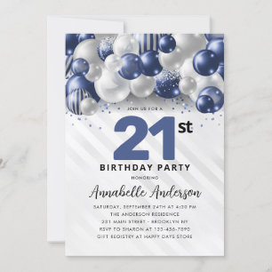 21:a födelsedagen Glitter i Ballon Silver, blå Inbjudningar
