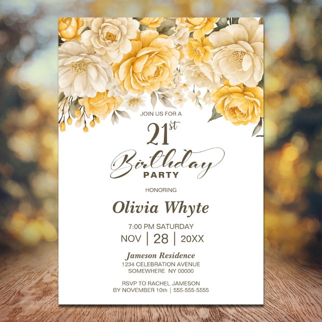 21:a födelsedagen Gul ros Blommigt Party Inbjudningar (Skapare uppladdad)