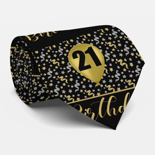21:a födelsedagen Guld på svart med konfetti Slips (Rullad)
