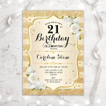 21:a födelsedagen - Guld Rand Vit ros Inbjudningar<br><div class="desc">21:a födelsedagsinbjudan. Utformning av blommigten i guld och vitt. Funktioner faux glitter guld rand,  vit ros snyggt,  skriptteckensnitt och konetti. Perfekt för en glam-födelsedagsfest.</div>