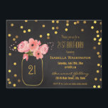 21:a födelsedagen| Konfettkalkbräda för Guld Mason Inbjudningar<br><div class="desc">Rosa vattenfärgsblommor och falsk guld folie mason burk 21-årsdagen party inbjudan.Vänligen notera: Alla produkter på Zazzle har platt grafik.</div>