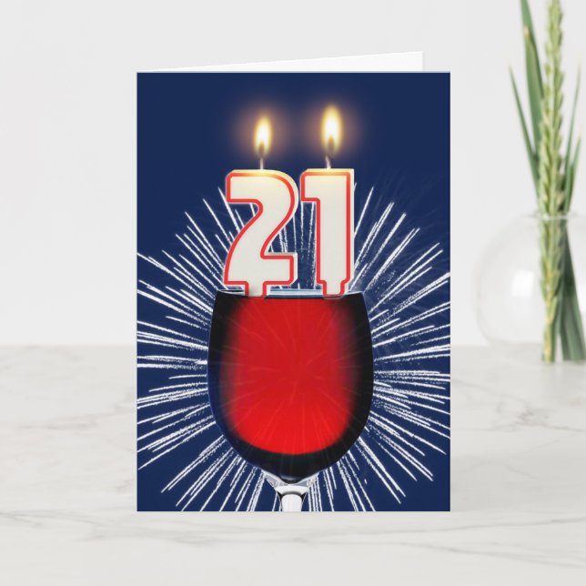 21:a födelsedagen med vin och ljus kort (Framsida)