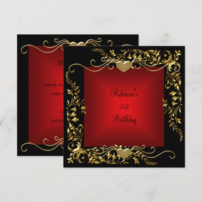 21:a födelsedagen Party Black Deep Red Guld Inbjudningar (Fram/baksida)