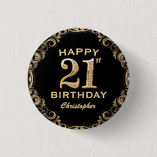 21:a födelsedagen Party Black och Guld Glitter Ram Knapp