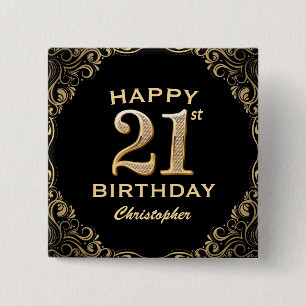 21:a födelsedagen Party Black och Guld Glitter Ram Knapp