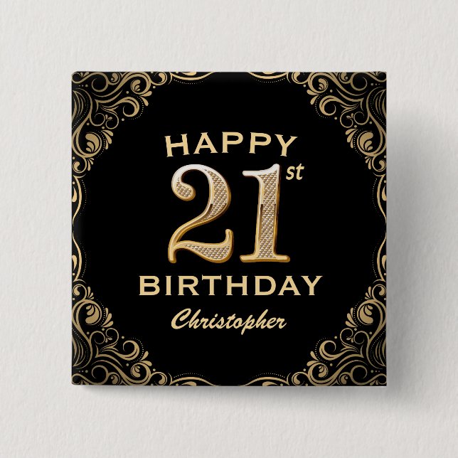 21:a födelsedagen Party Black och Guld Glitter Ram Knapp (Framsida)
