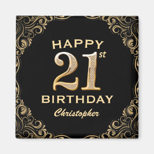 21:a födelsedagen Party Black och Guld Glitter Ram Magnet