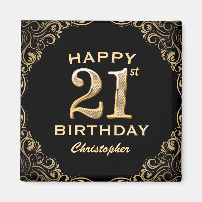 21:a födelsedagen Party Black och Guld Glitter Ram Magnet (Framsidan)