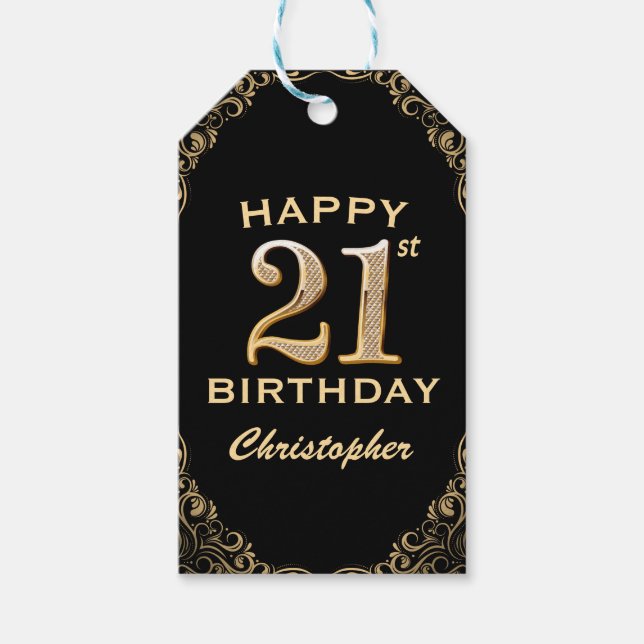 21:a födelsedagen Party Black och Guld Glitter Ram Presentetikett (Framsidan)
