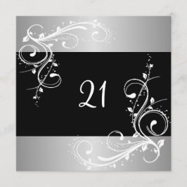 21:a födelsedagen Party Black Silver White-Blommig Inbjudningar