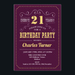 21:a födelsedagen Party - Burgundy Guld Inbjudningar<br><div class="desc">21:a födelsedagsbjudan. Elegant burgundy marsala vin och gult guld-återdesign med skriptteckensnitt. Skål till 21 år! Berätta om du behöver anpassa dig ytterligare.</div>