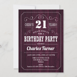21:a födelsedagen Party - Burgundy Wood Mönster Inbjudningar