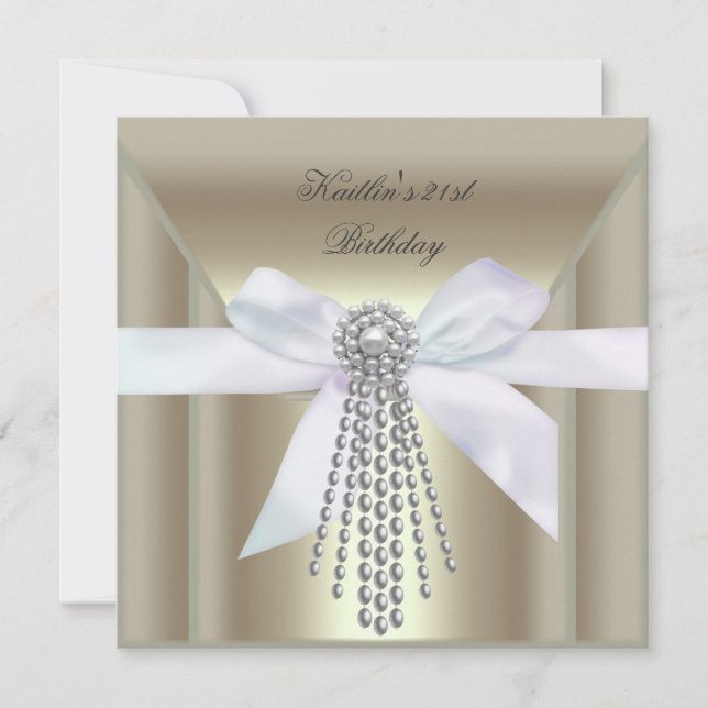 21:a födelsedagen Party Cream Guld Pearl Jewel Inbjudningar (Framsida)