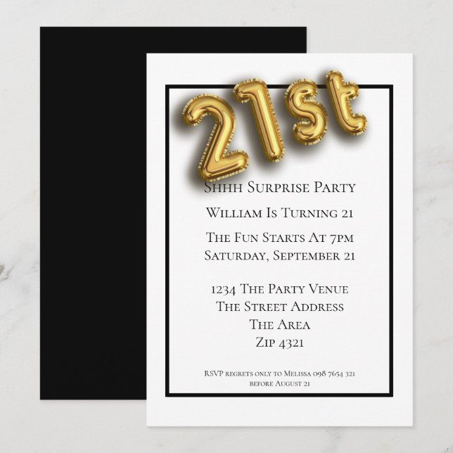 21:a födelsedagen Party Faux 3d Guld baronteckensn Inbjudningar (Fram/baksida)