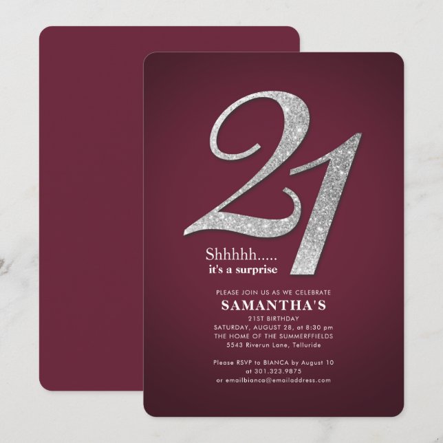 21:a födelsedagen Party Glitter Burgundy Modern Inbjudningar (Fram/baksida)