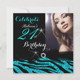 21:a födelsedagen Party Glitter Teal Blue Zebra 4a Inbjudningar