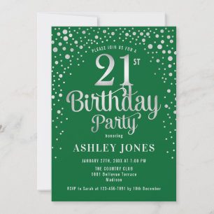 21:a födelsedagen Party - Grönt och Silver Inbjudningar