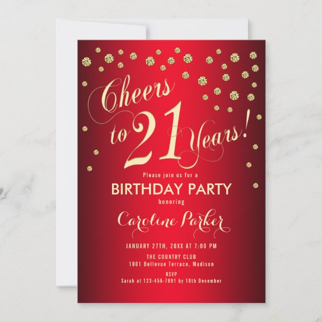 21:a födelsedagen Party - Guld Red Inbjudningar (Framsida)