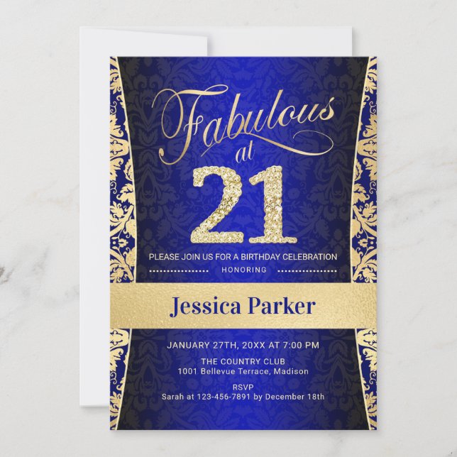 21:a födelsedagen Party - Guld Royal Blue Inbjudningar (Framsida)