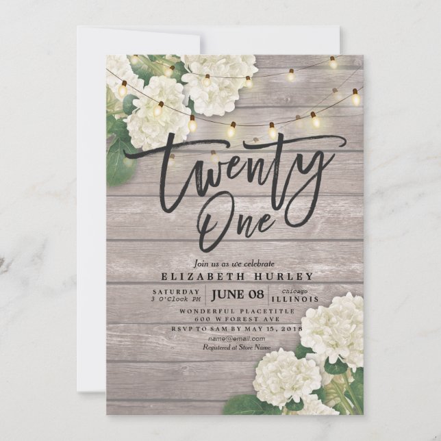 21:a födelsedagen Party Hydrangea Flowers Ljus Woo Inbjudningar (Framsida)