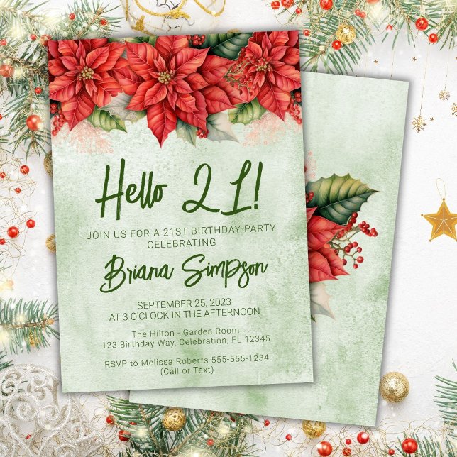 21:a födelsedagen Party Jul Poinsettia-Blommigten Inbjudningar (Skapare uppladdad)