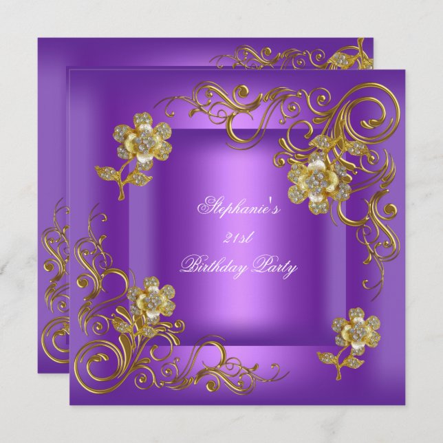 21:a födelsedagen Party Lila Guld Diamond Inbjudningar (Fram/baksida)