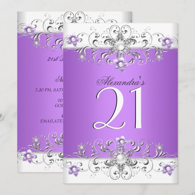 21:a födelsedagen Party Lila White Diamond Inbjudningar (Fram/baksida)