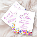 21:a födelsedagen Party Lila Wildblommor till ett  Inbjudan Vykort<br><div class="desc">En söt vildblomma gräns dekorerar grund i vuxen 21:a födelsedag, prisvärt kort för inbjudningar. Blå-, gult- och orange blommor skapar en färgstark design och lycklig för att fira denna milstolpe-födelsedag. Modern och enkel kalligrafi i lila gör att trendiget får en ny beröring till behållan. Det öppna och omsorgsfria bokstavsflödet koordinerar...</div>