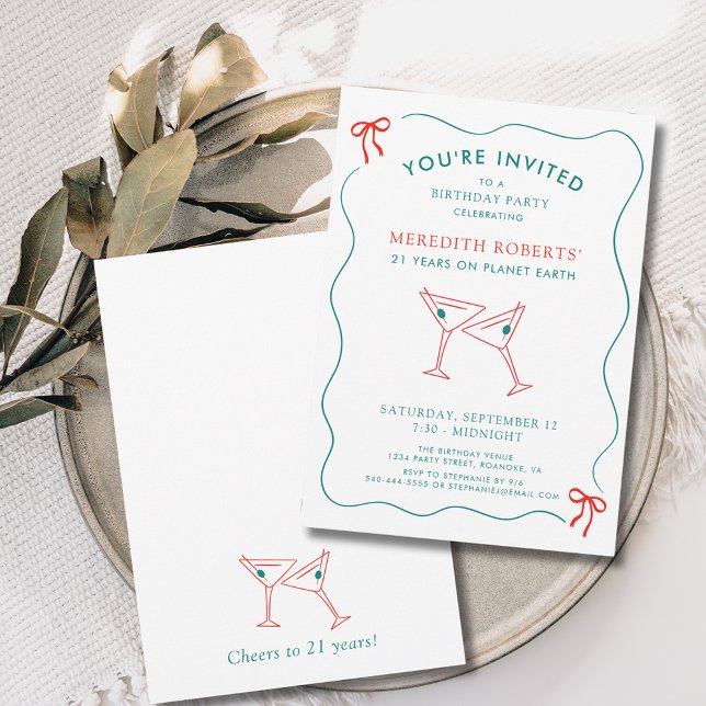 21:a födelsedagen Party Martini Glass Cheers Inbjudningar (Martini Toast Cheers to 21 Years Birthday Party Invitation)