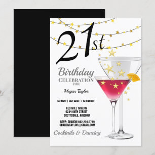 21:a födelsedagen Party, Martini Glass Guld Glitte Inbjudningar