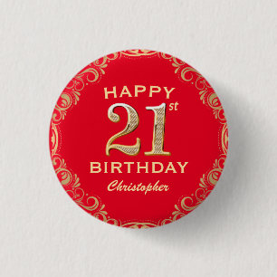 21:a födelsedagen Party Red och Guld Glitter Ram Knapp