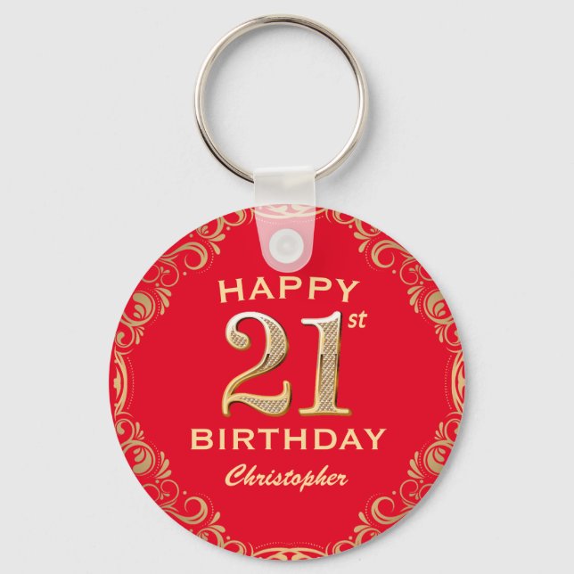 21:a födelsedagen Party Red och Guld Glitter Ram Nyckelring (Framsida)