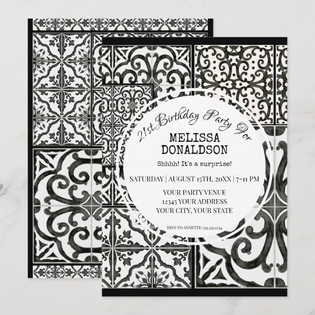 21:a födelsedagen Party Rustic Farm Tile Black Whi Inbjudningar (Fram/baksida)