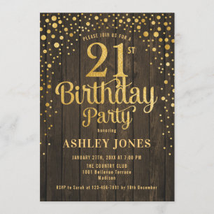 21:a födelsedagen Party - Rustic Wood & Guld Inbjudningar